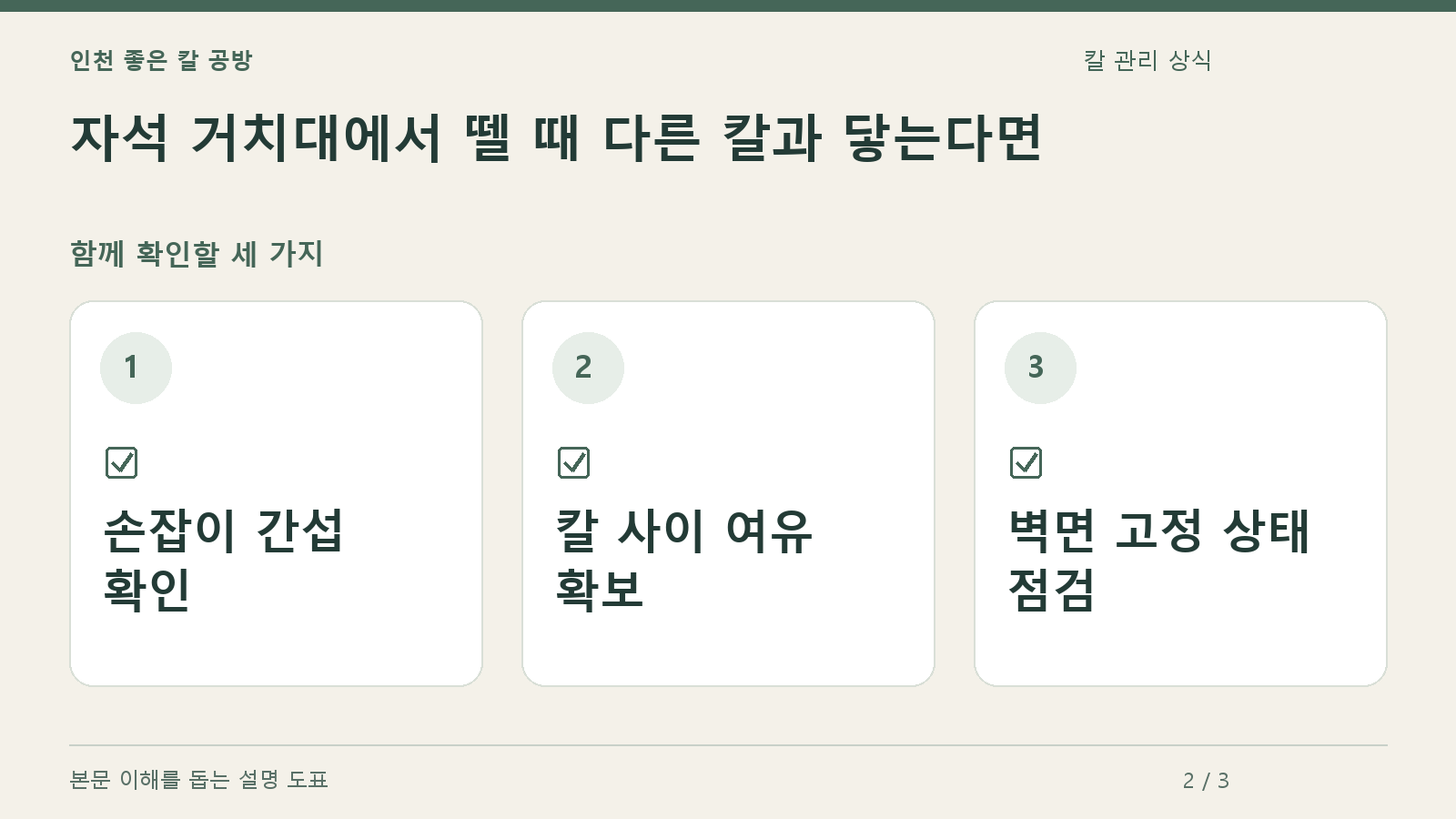 확인할 항목: 손잡이 간섭 확인, 칼 사이 여유 확보, 벽면 고정 상태 점검