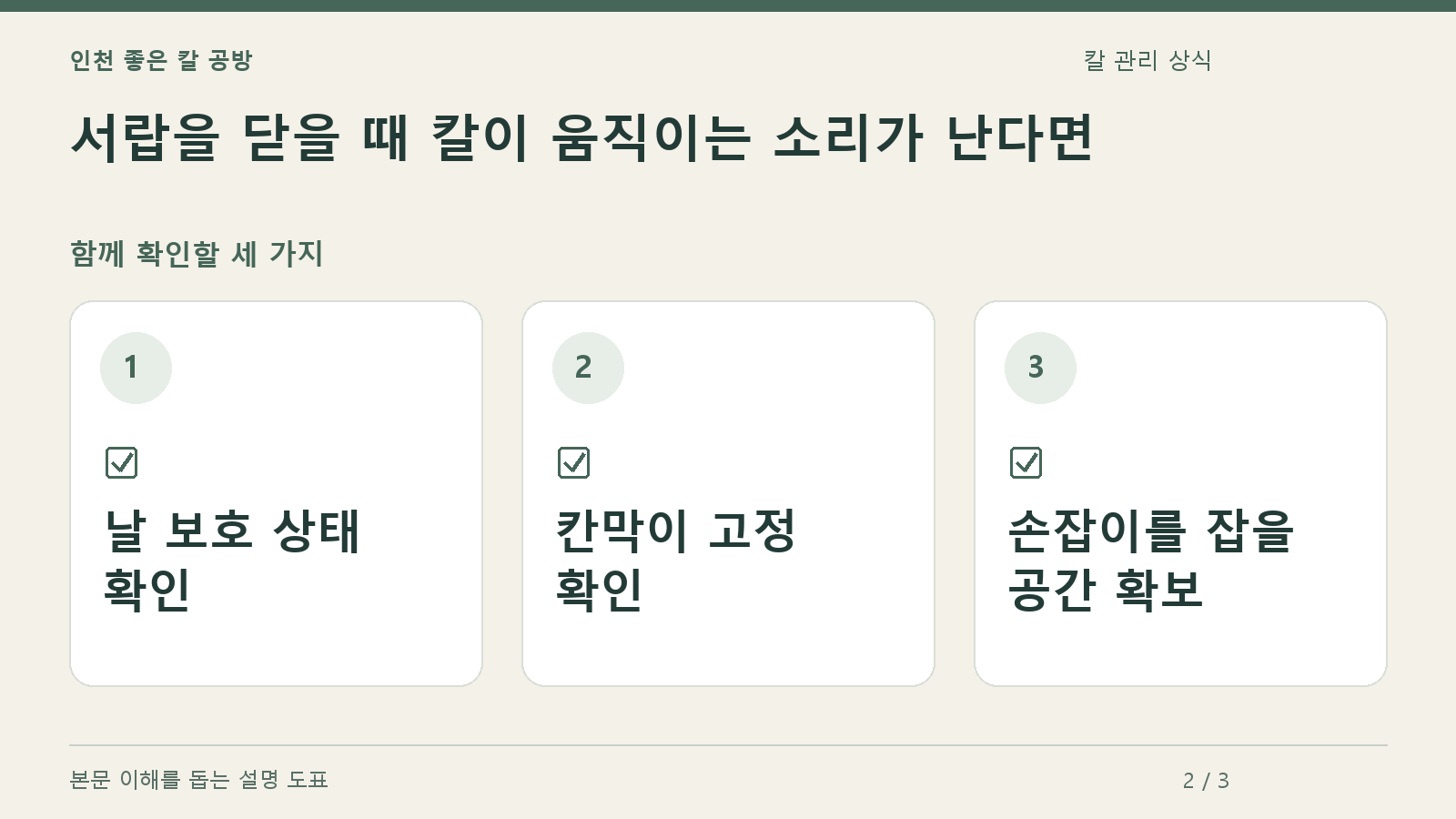 확인할 항목: 날 보호 상태 확인, 칸막이 고정 확인, 손잡이를 잡을 공간 확보