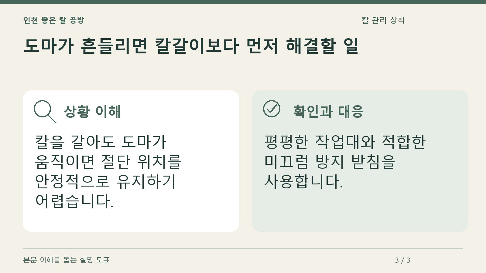 도마가 흔들리면 칼갈이보다 먼저 해결할 일의 상황과 대응을 정리한 도표