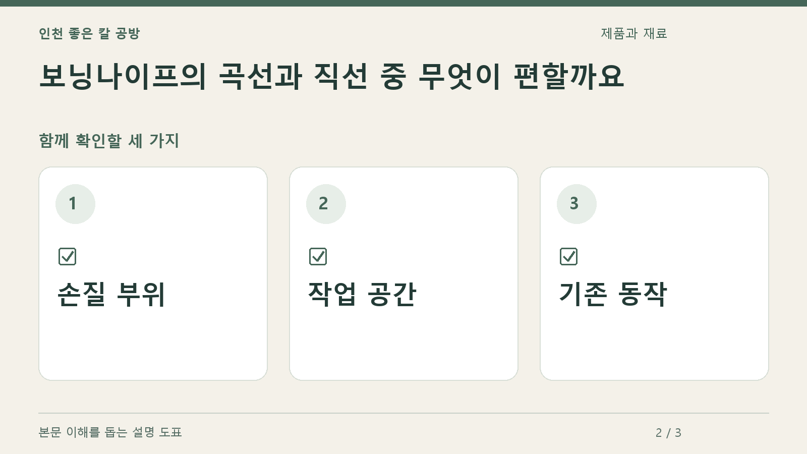 확인할 항목: 손질 부위, 작업 공간, 기존 동작