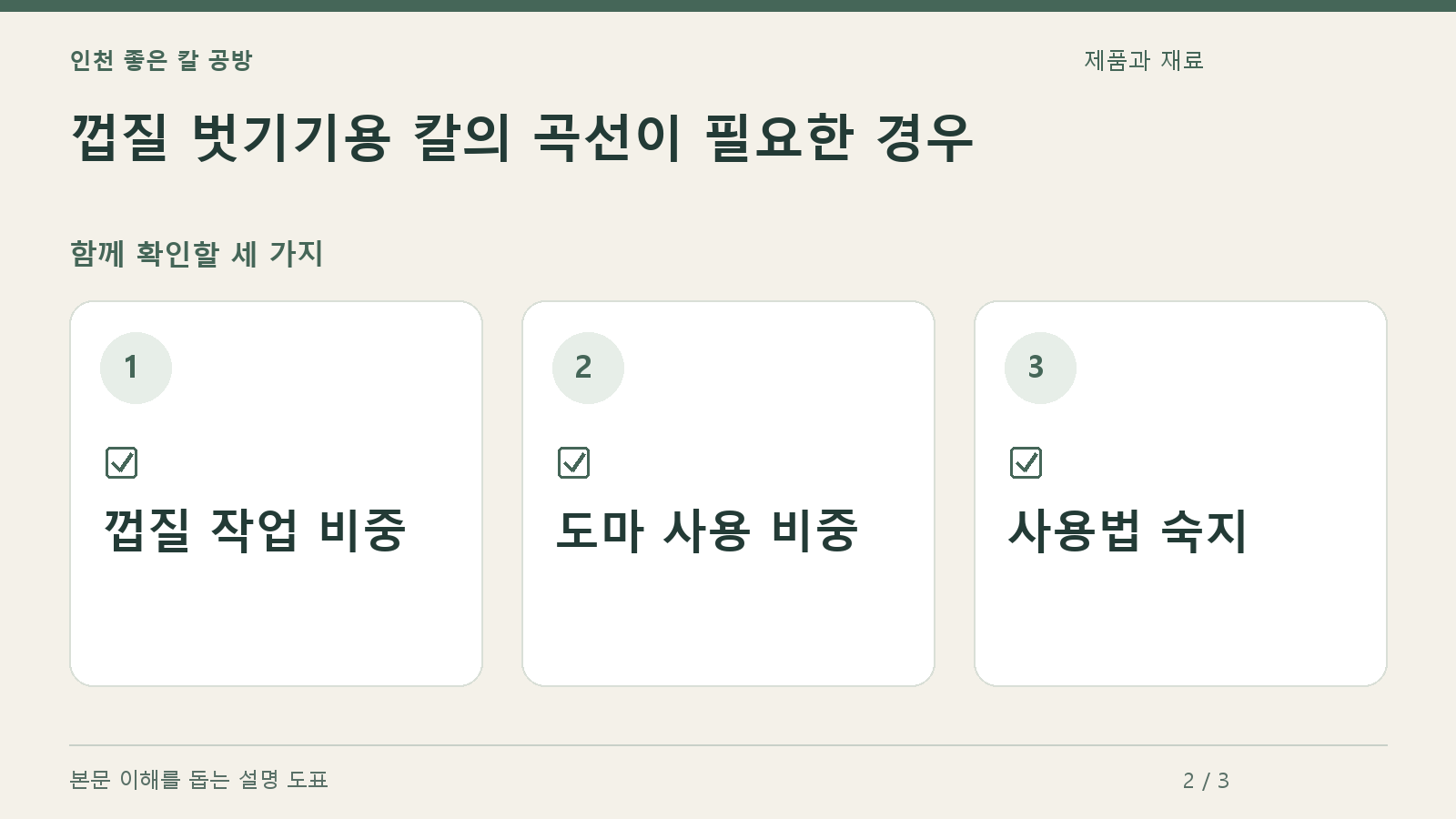 확인할 항목: 껍질 작업 비중, 도마 사용 비중, 사용법 숙지