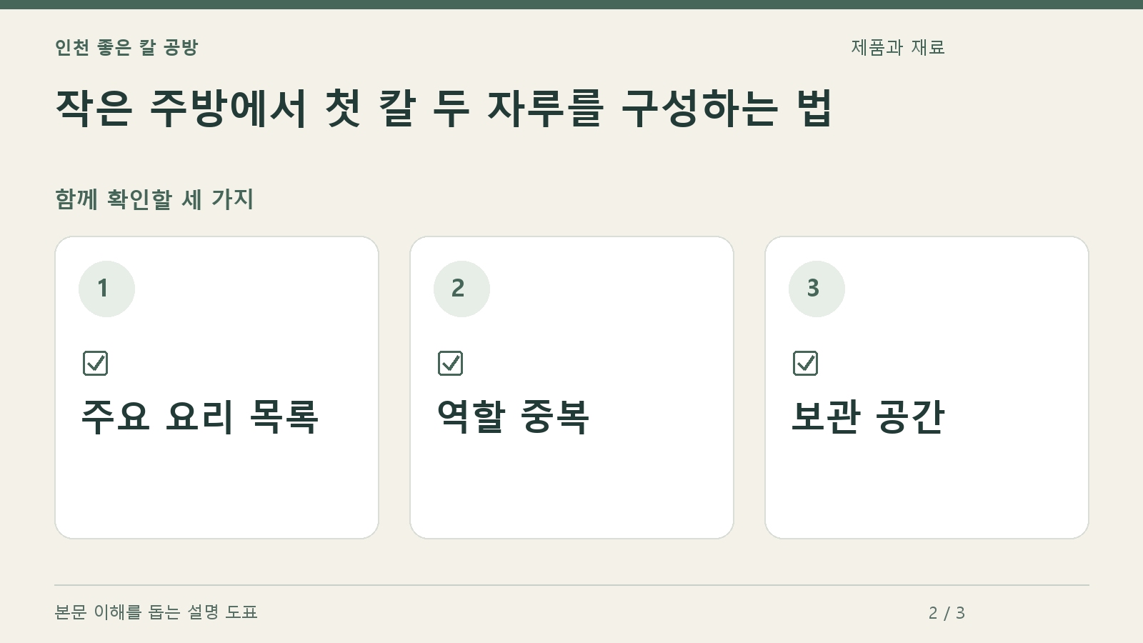 확인할 항목: 주요 요리 목록, 역할 중복, 보관 공간