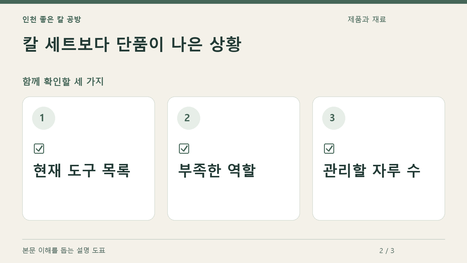 확인할 항목: 현재 도구 목록, 부족한 역할, 관리할 자루 수