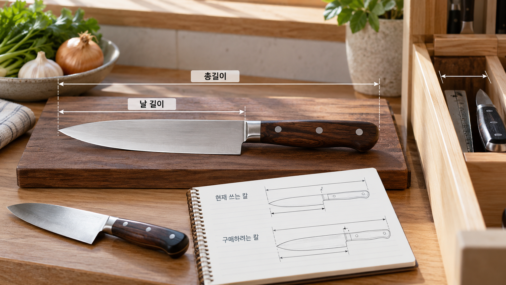 주방칼의 전체 길이와 날 길이를 표시한 비교 그림