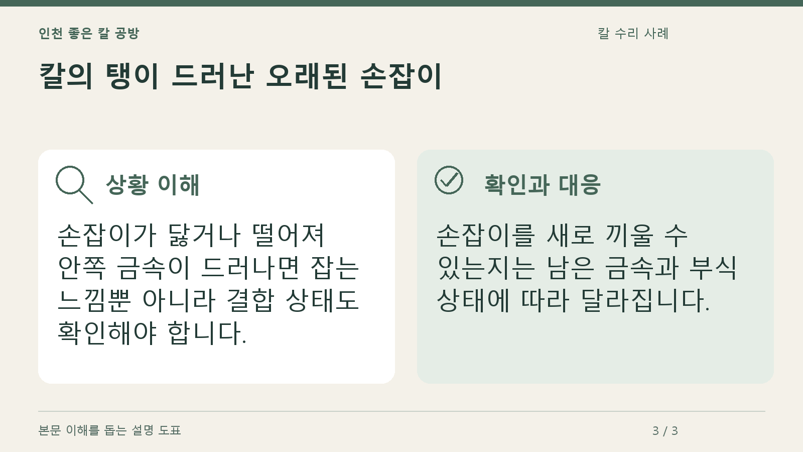 칼의 탱이 드러난 오래된 손잡이의 상황과 대응을 정리한 도표