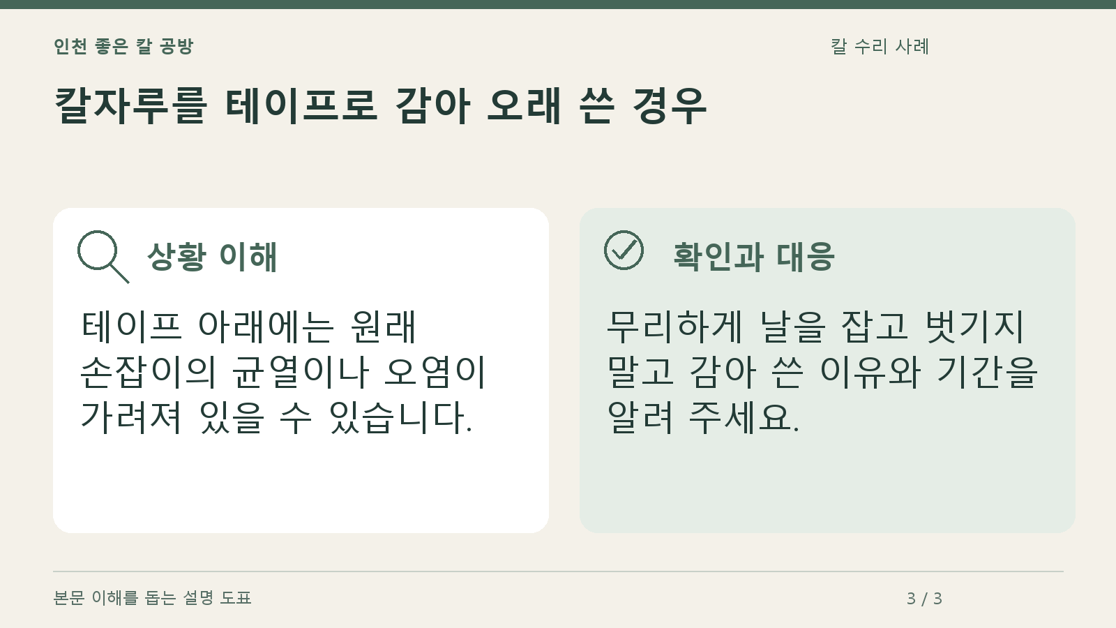 칼자루를 테이프로 감아 오래 쓴 경우의 상황과 대응을 정리한 도표