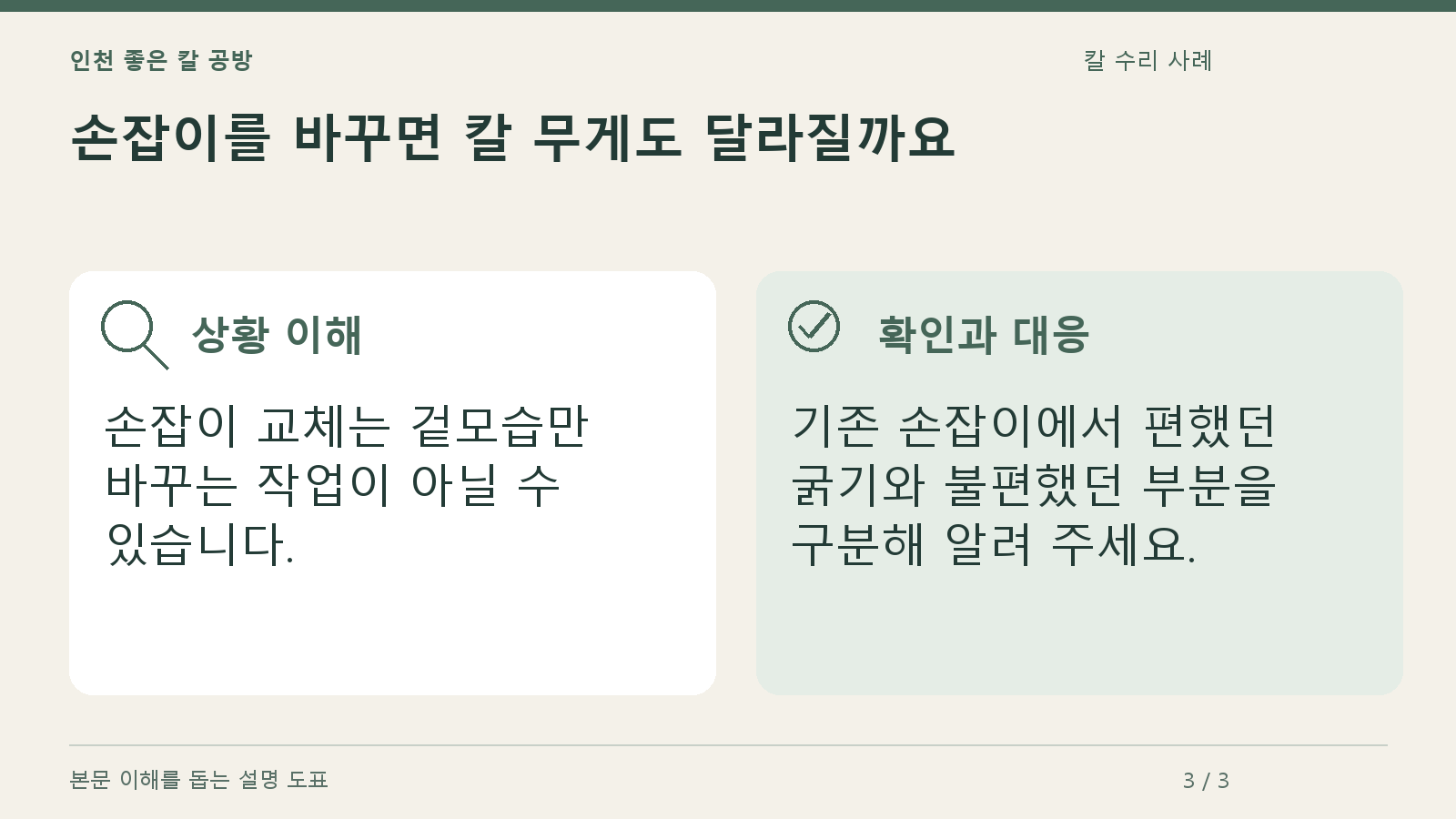 손잡이를 바꾸면 칼 무게도 달라질까요의 상황과 대응을 정리한 도표
