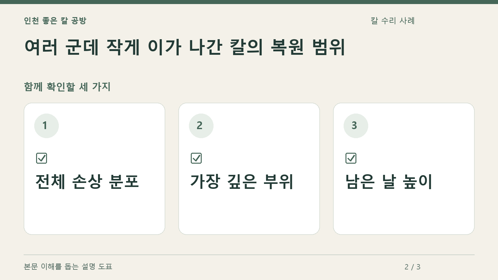 확인할 항목: 전체 손상 분포, 가장 깊은 부위, 남은 날 높이