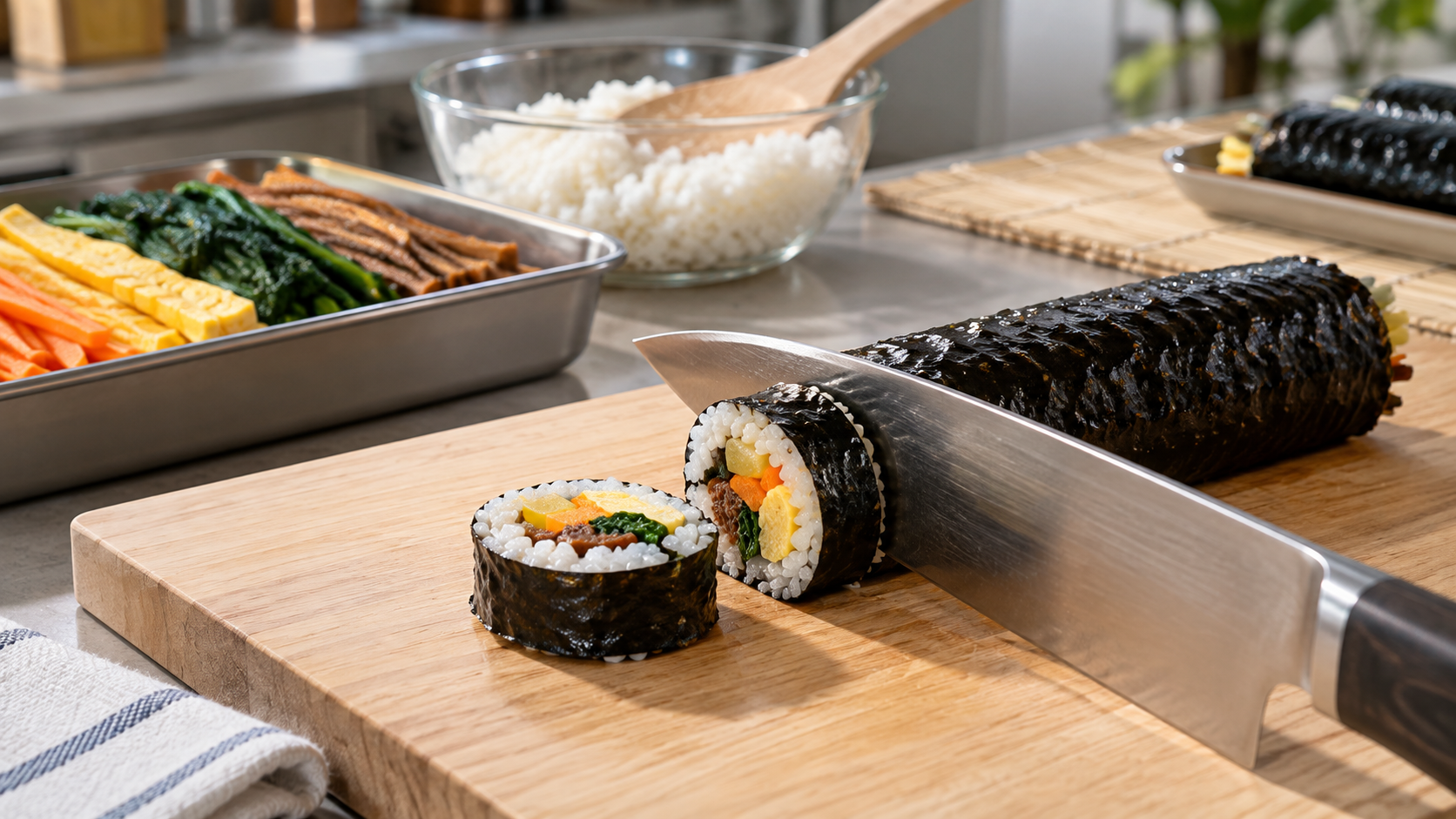 처음 자른 김밥의 단면과 길게 놓인 주방칼