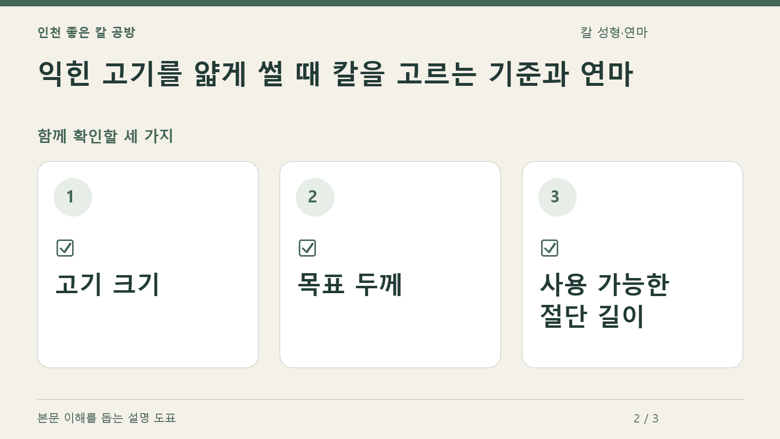 확인할 항목: 고기 크기, 목표 두께, 사용 가능한 절단 길이