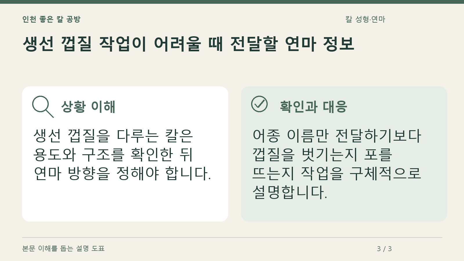 생선 껍질 작업이 어려울 때 전달할 연마 정보의 상황과 대응을 정리한 도표