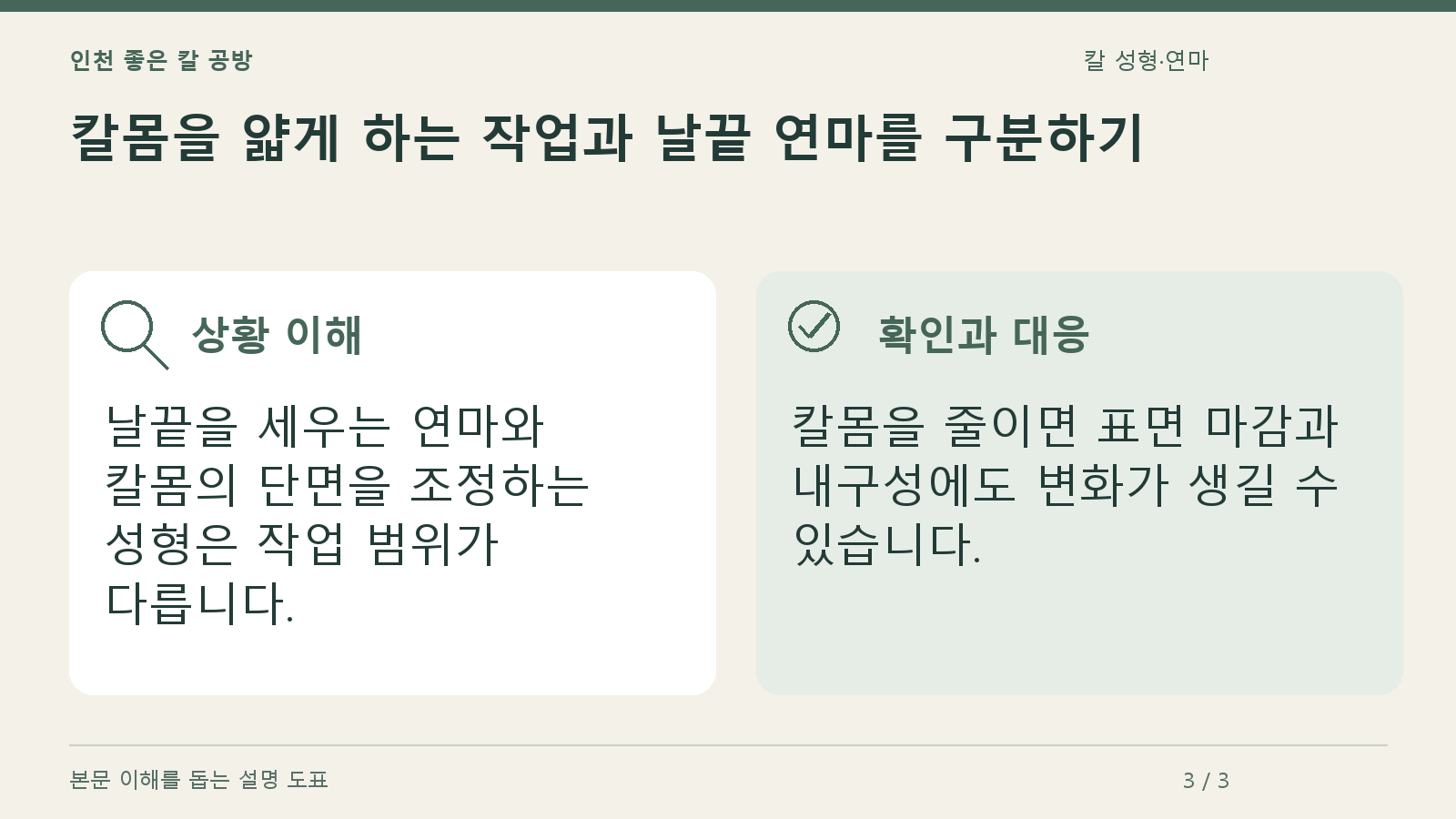 칼몸을 얇게 하는 작업과 날끝 연마를 구분하기의 상황과 대응을 정리한 도표