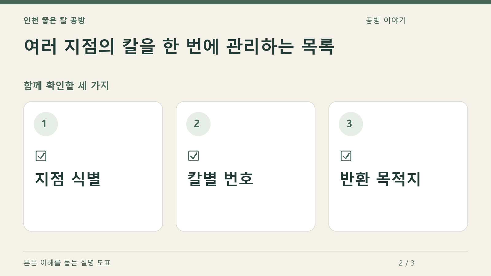 확인할 항목: 지점 식별, 칼별 번호, 반환 목적지