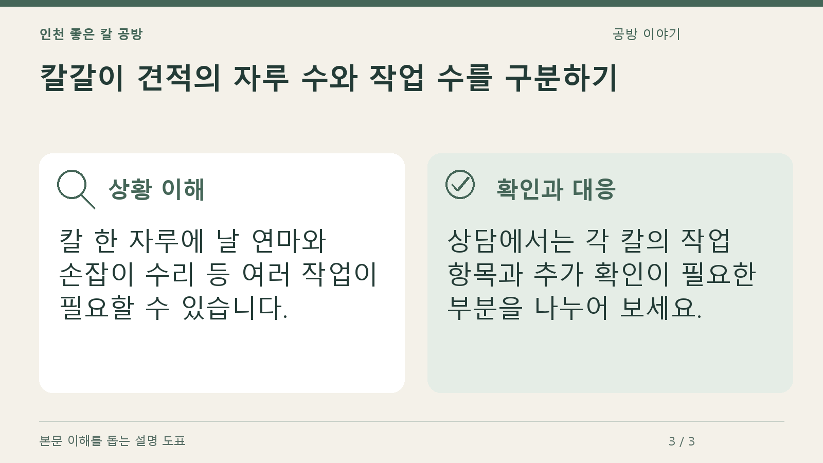 칼갈이 견적의 자루 수와 작업 수를 구분하기의 상황과 대응을 정리한 도표