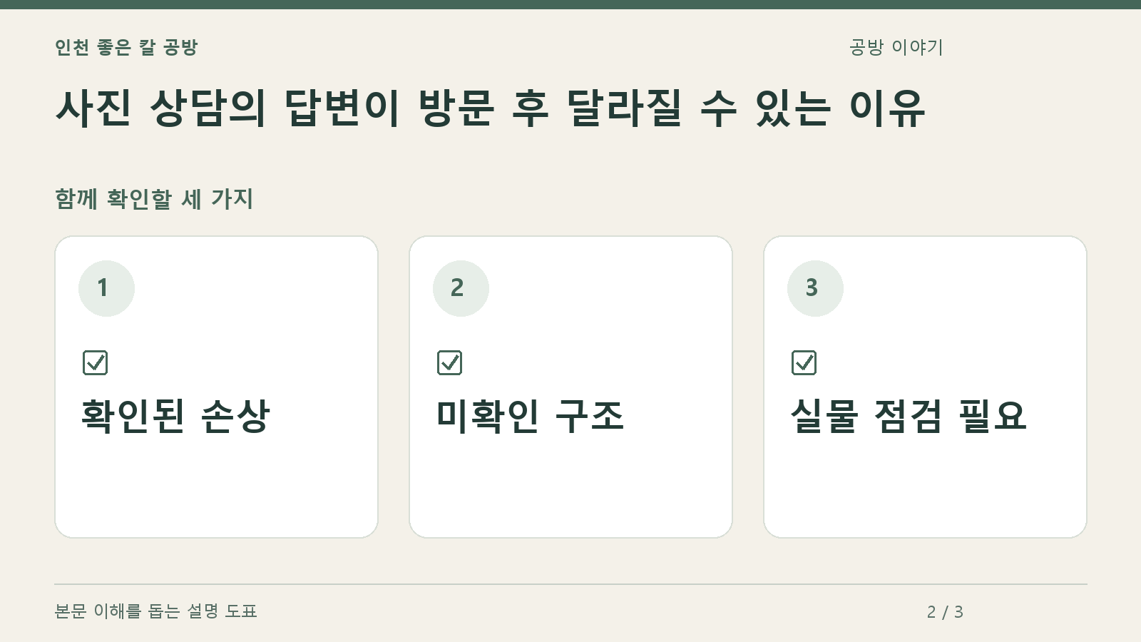 확인할 항목: 확인된 손상, 미확인 구조, 실물 점검 필요