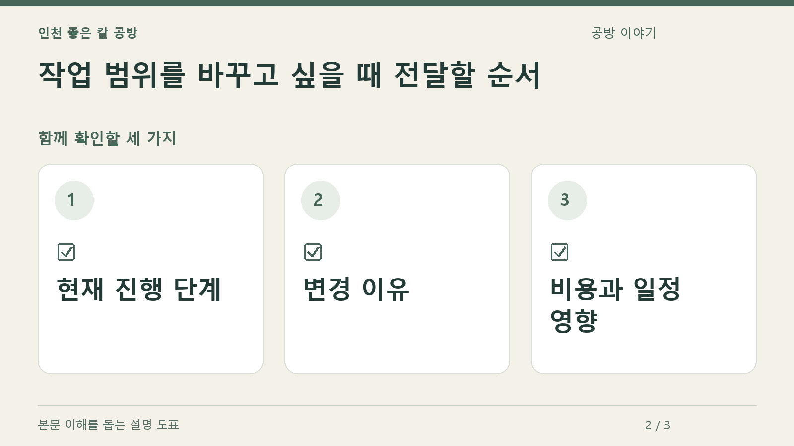 확인할 항목: 현재 진행 단계, 변경 이유, 비용과 일정 영향