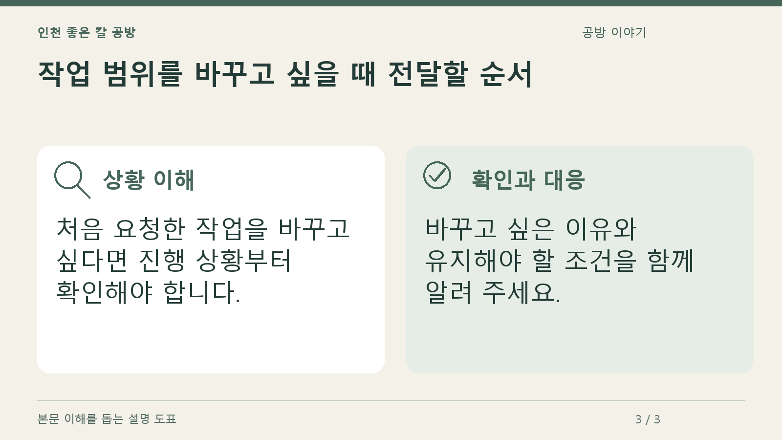 작업 범위를 바꾸고 싶을 때 전달할 순서의 상황과 대응을 정리한 도표